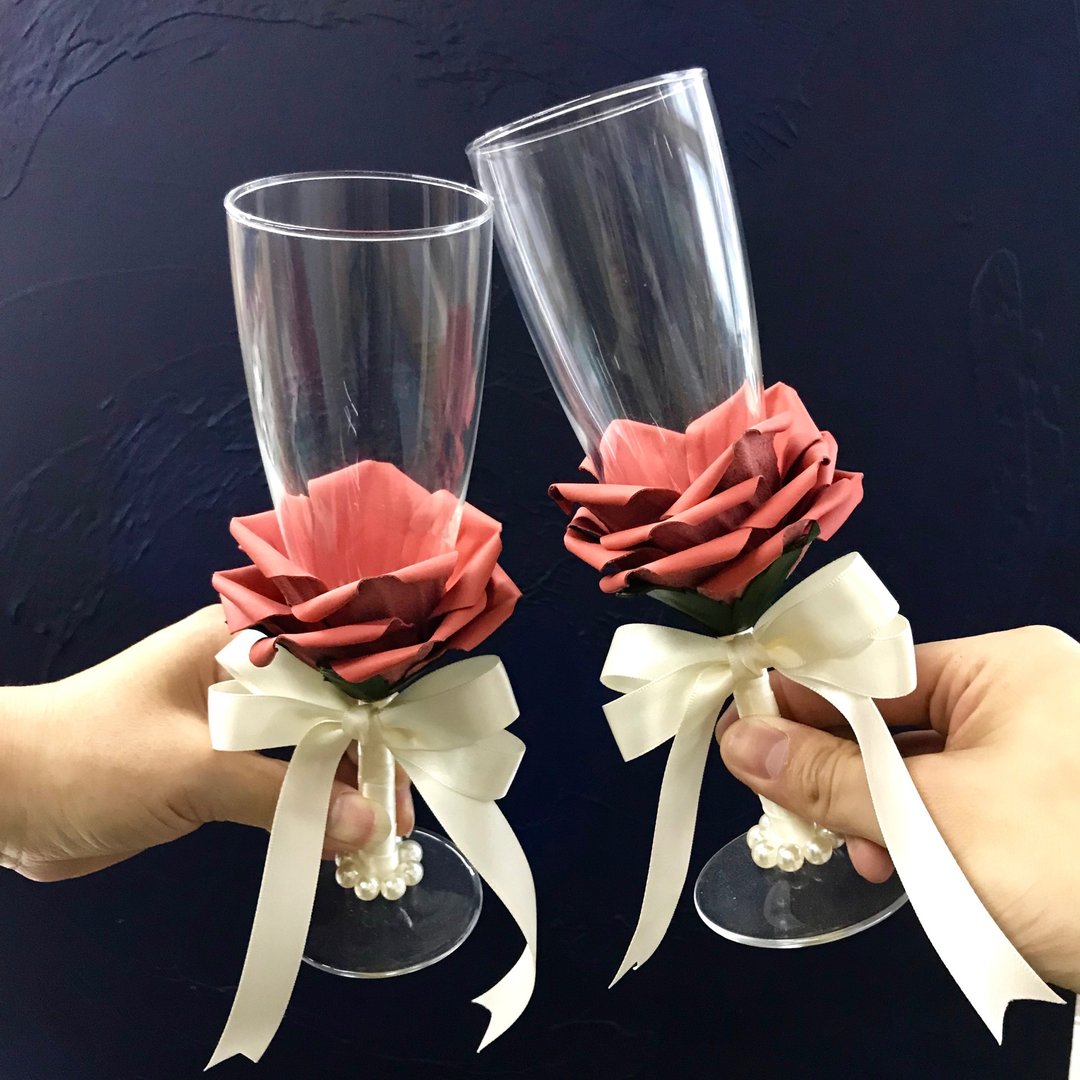 【婚嫁系列】【Living Coral】【珊瑚橙】皮革玫瑰婚礼敬酒杯 - 酒杯/酒器 - 真皮 橘色