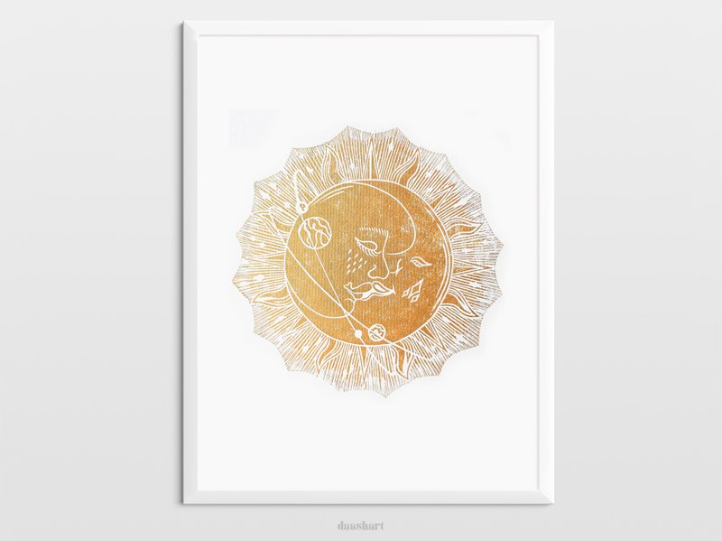 波西米亚月亮太阳艺术金吻原创艺术品Linocut印刷现代海报 - 海报/装饰画/版画 - 纸 金色