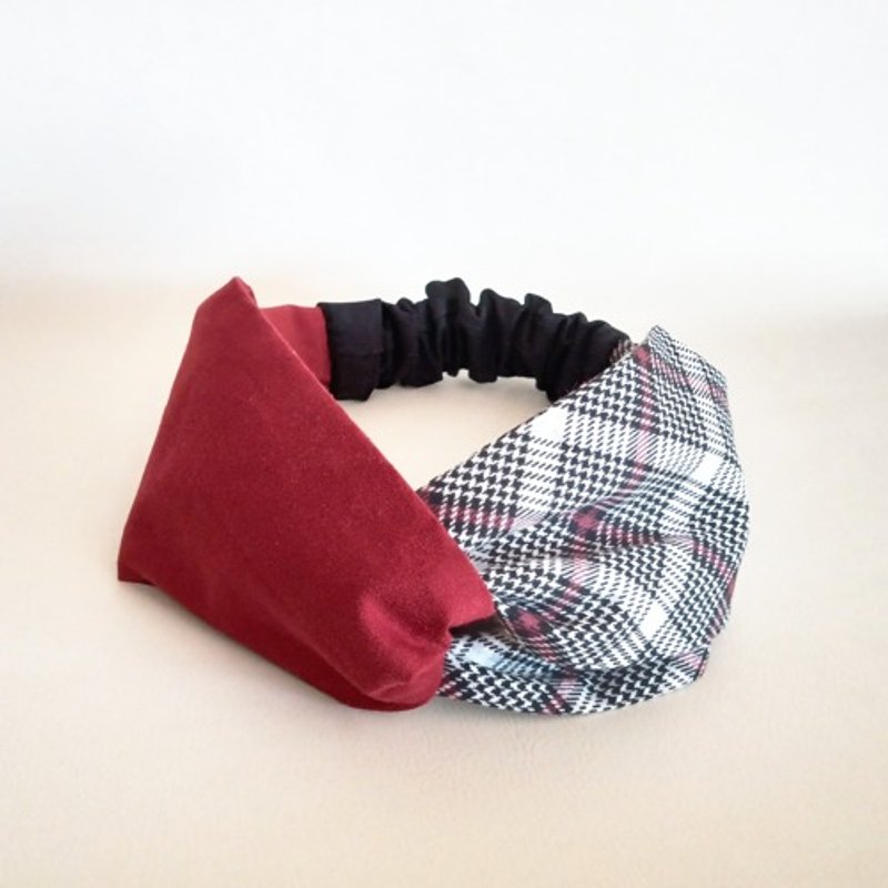 交叉型发带头巾红格子 x 黑色 - 发带/发箍 - 棉．麻 红色
