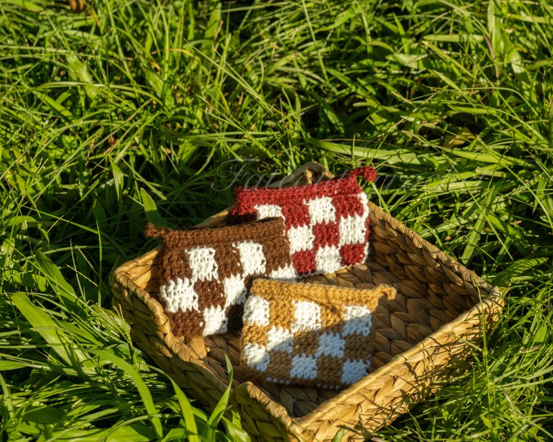 摩登棋盘格编织零钱包 含磁扣 纯手工 可放悠游卡信用卡 小卡袋 - 零钱包 - 羊毛 咖啡色