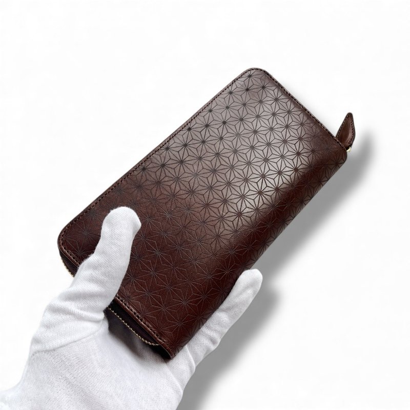 特别企划 Basic 圆形拉链长夹 - Buttero 麻叶纹 x Bridle 皮革 - 皮夹/钱包 - 真皮 咖啡色