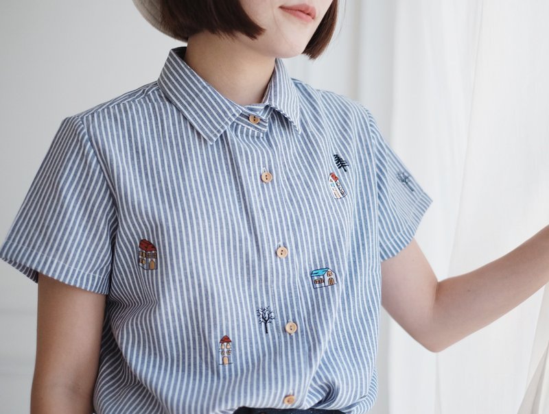Home Shirt 家 : Blue 蓝色 - 女装上衣 - 绣线 蓝色