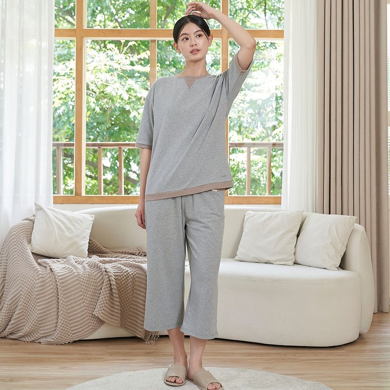 MIT有机棉配色五分袖上衣套装-共2色 - 居家服/睡衣 - 棉．麻 多色