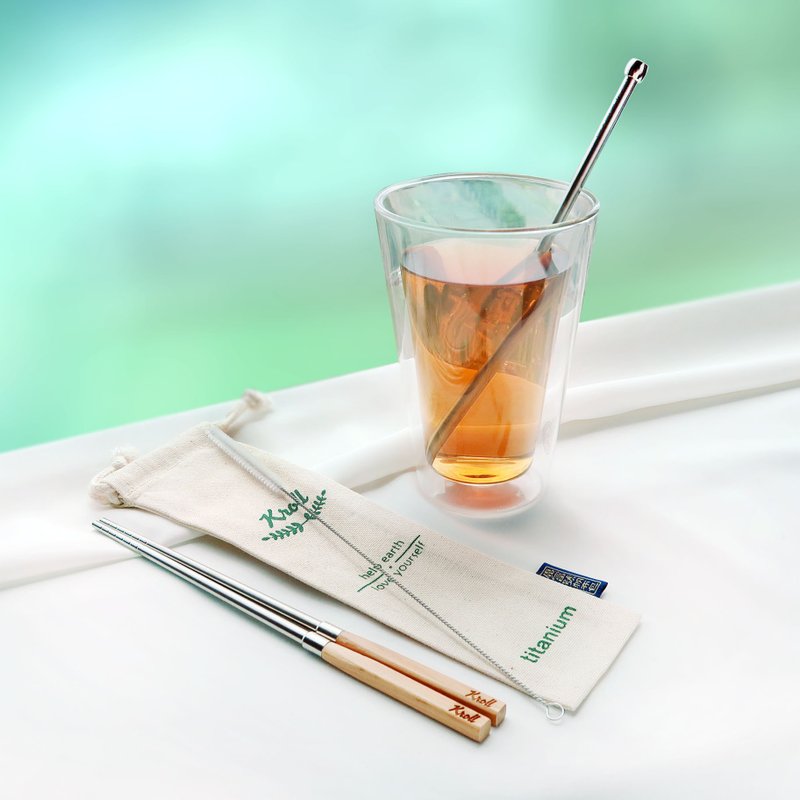 【KROLL】纯钛家用筷子1双+ 小吸管组1组 (吸管+清洁刷+束口袋) - 环保吸管 - 其他金属 银色