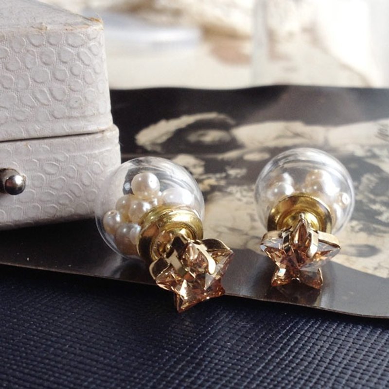 14kgf Swarovski Star and glass ball earrings * Mimihari [ii-474] - 耳环/耳夹 - 玻璃 咖啡色