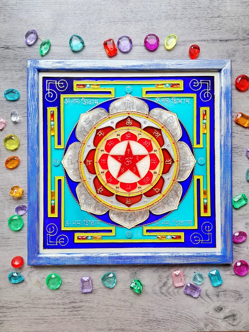 Shri MahaMrityunjaya Yantra手绘湿婆神吠陀占星术Vastu Jyotish - 墙贴/壁贴 - 玻璃 蓝色