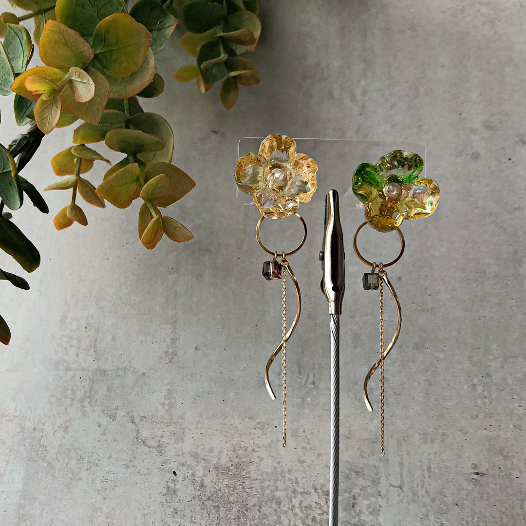 2way colorful flower earrings (Clip-On) - 耳环/耳夹 - 树脂 黄色