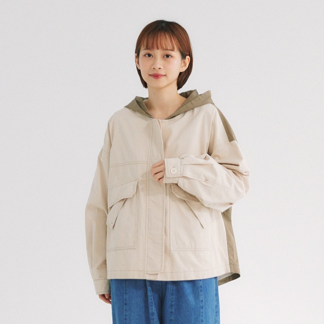 【Simply Yours】连帽拼色外套 米白F - 女装休闲/机能外套 - 棉 卡其色