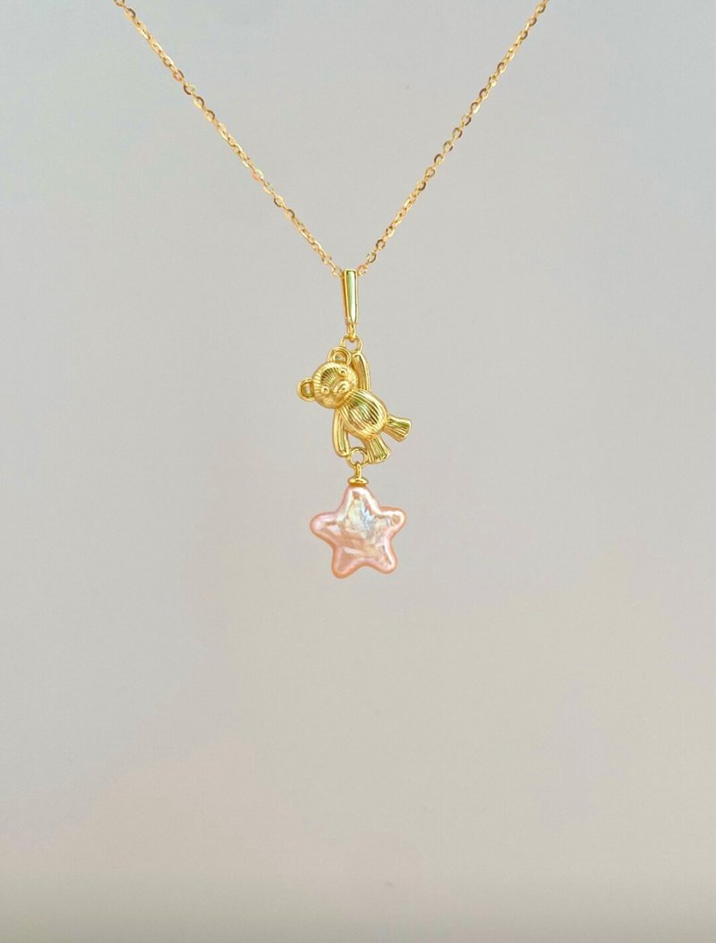 YuanPearl天然極光橙粉巴洛克星星珍珠吊墜小熊純銀項鍊通勤百搭 - 吊饰 - 珍珠 白色