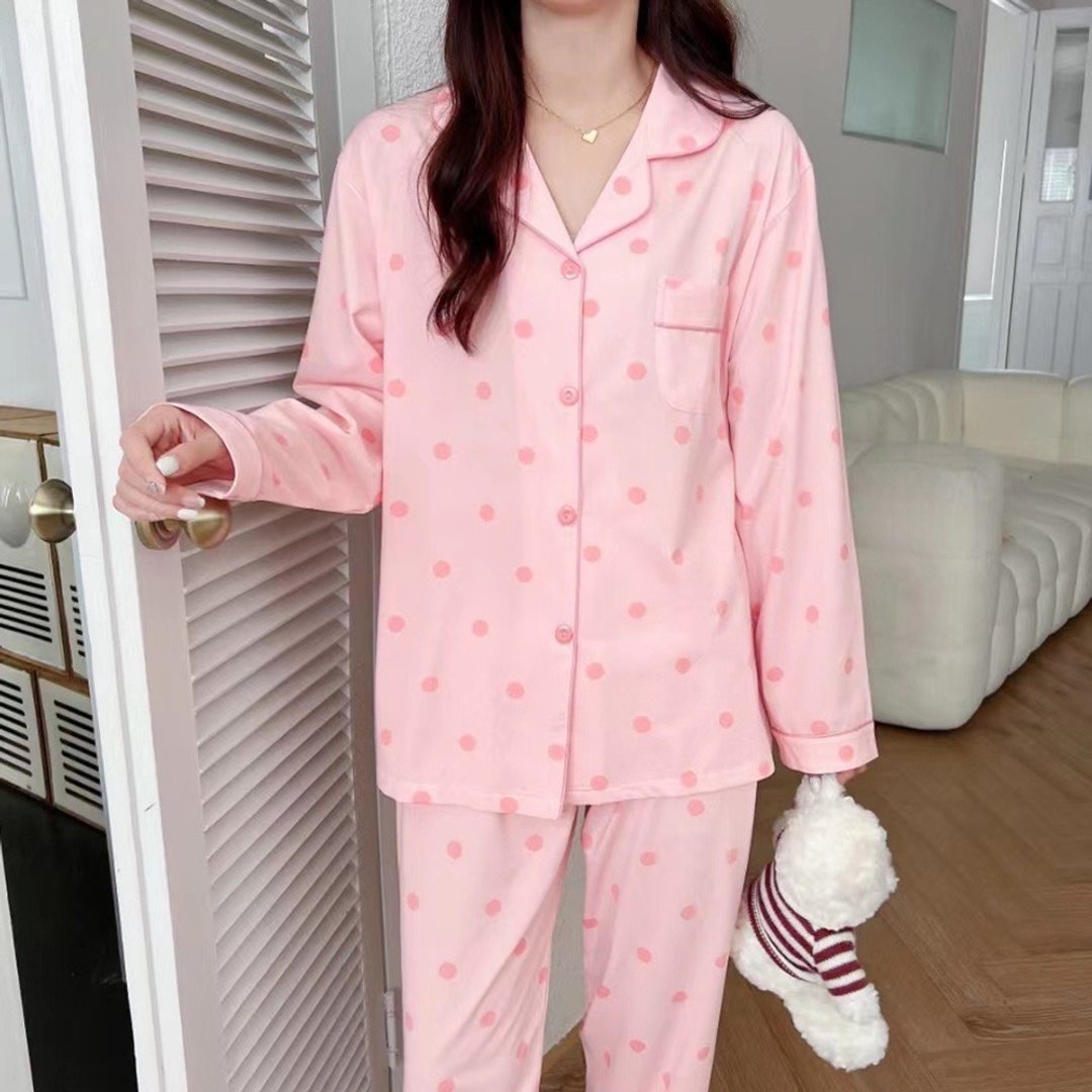 Pink Lady舒适成套睡衣 心花圆点 排扣翻领印花休闲长袖居家服 - 居家服/睡衣 - 其他人造纤维 粉红色