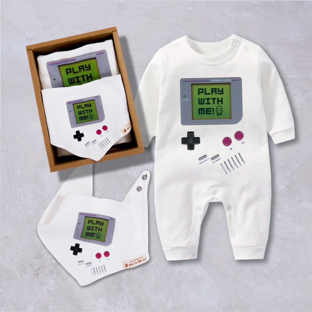 GameBaby游戏宝宝领巾口水巾长袖连身衣-新生儿礼盒 - 包屁衣/连体衣 - 棉 白色