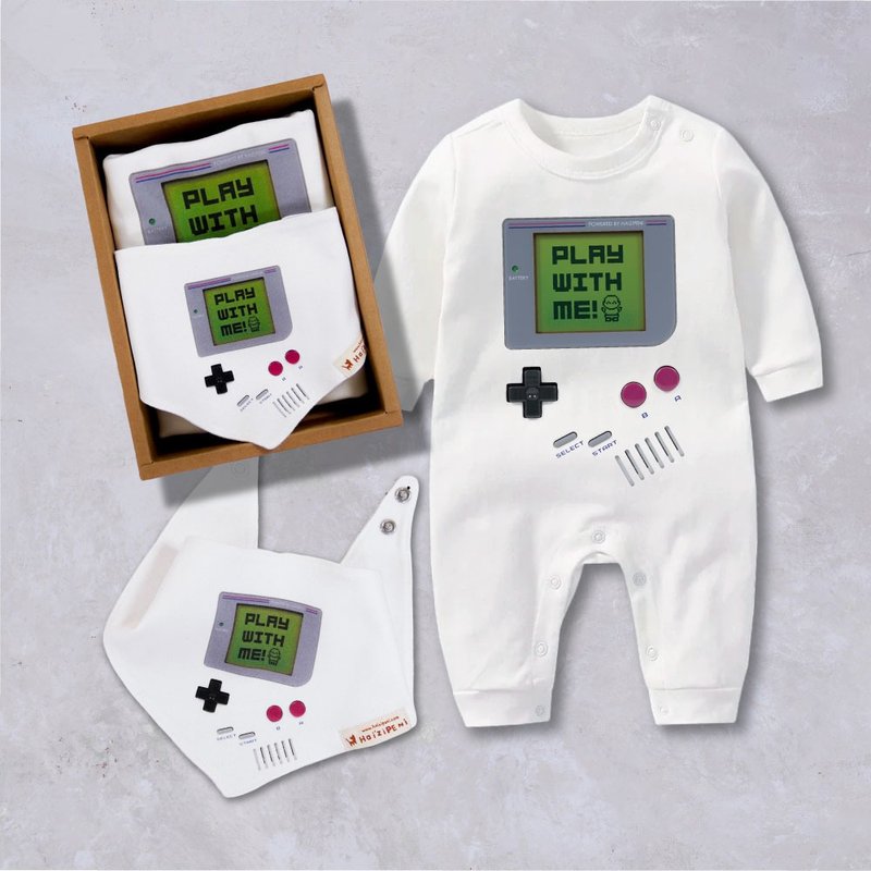 GameBaby游戏宝宝领巾口水巾长袖连身衣-新生儿礼盒 - 包屁衣/连体衣 - 棉．麻 白色