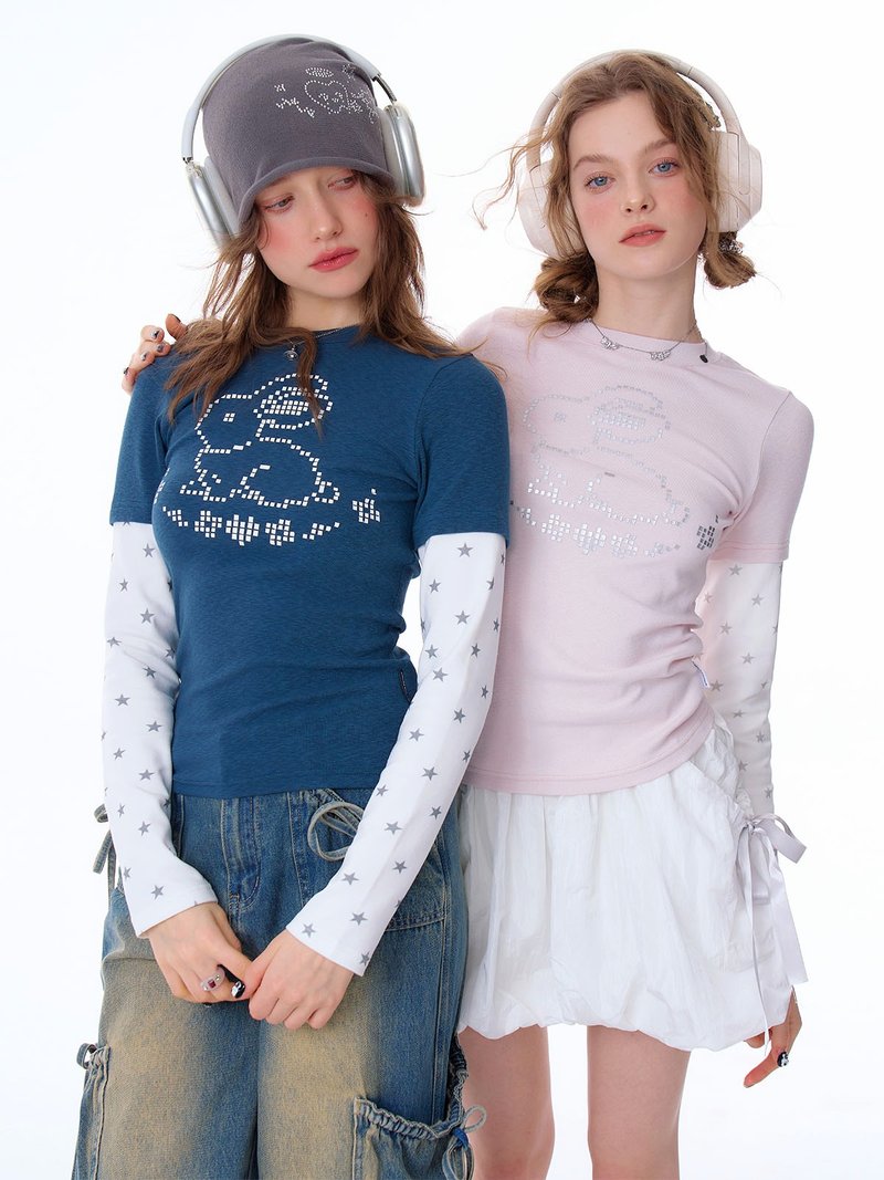 ziziFei春夏美式复古设计感像素兔子印花拼接假两件星星长袖T恤女 - 女装 T 恤 - 其他材质 