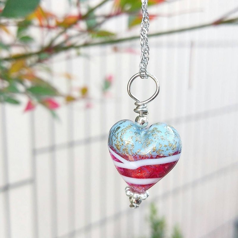 [限量威尼斯系列](目前已售完)两个世界 情人节项链 心型24K金箔垂饰 意大利进口威尼斯穆拉诺 (Murano) 手作金箔琉璃珠项链 - 项链 - 玻璃 蓝色