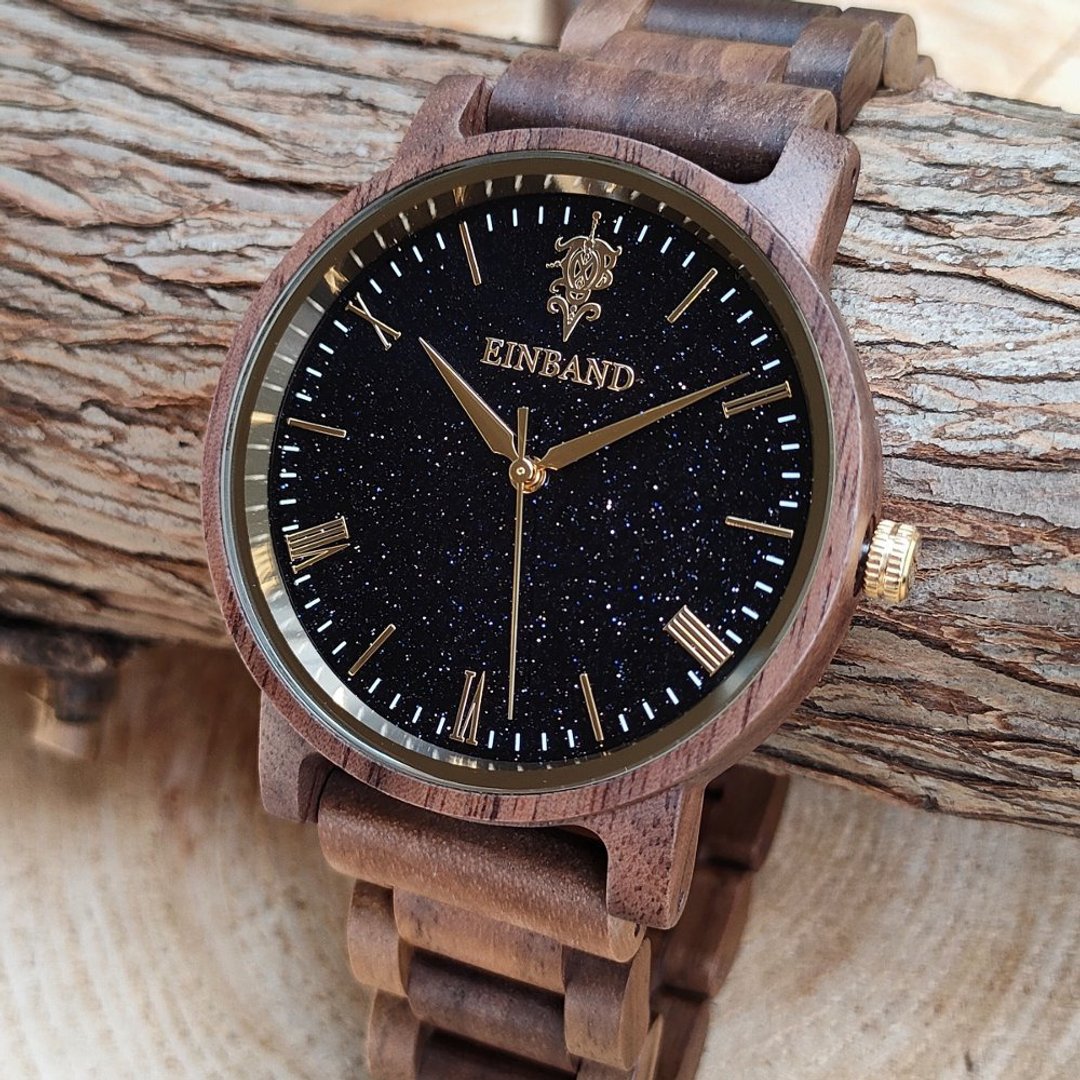 [Wooden Watch] Einband Reise Night Sky Dial Blue Sandstone x Walnut [40mm] - 女表 - 木头 咖啡色