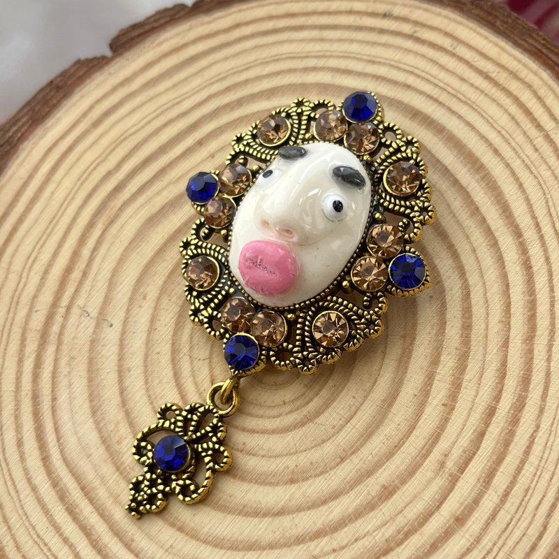 可爱脸庞胸针 - 胸针 - 粘土 金色
