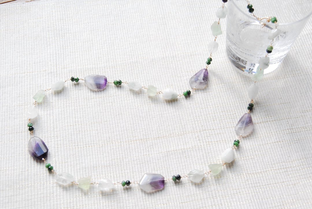 Cape amethyst and green Stone necklace 14kgf - 项链 - 半宝石 紫色