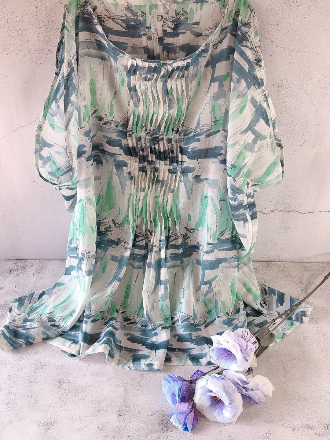 水彩渲染船帆棉质立体波浪压褶侧垂坠罩衫上衣 - 女装背心 - 棉 蓝色