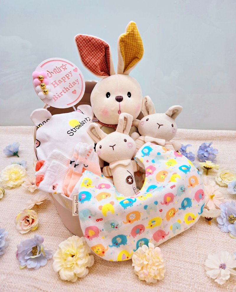 彩虹小象摇篮满月礼/弥月礼盒/生日/新生儿/送礼/口水巾 - 围嘴/口水巾 - 棉．麻 多色