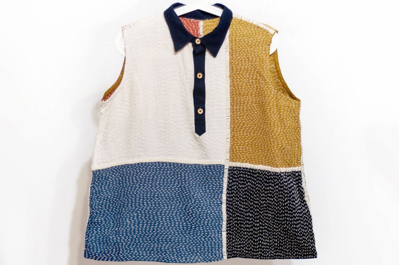 女装 刺绣无袖上衣 有机纯棉麻手绣背心- 手织布刺子绣蒙德里安风 - 女装背心 - 棉．麻 多色