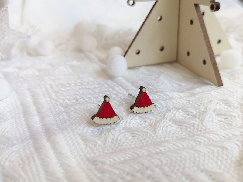 圣诞帽圣诞耳钉 -  耳夹 交换礼物 - 耳环/耳夹 - 木头 红色