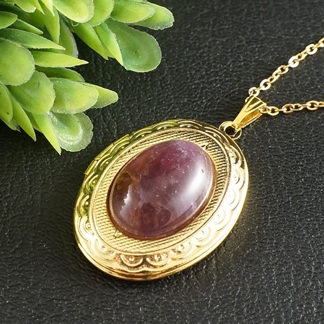 Photo Locket Purple Lilac Violet Amethyst Gold Keepsake Pendant Necklace Jewelry - 项链 - 宝石 紫色