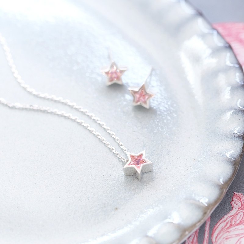 2 pieces set) Pink Star Necklace Earrings Set Silver 925 - 项链 - 其他金属 粉红色