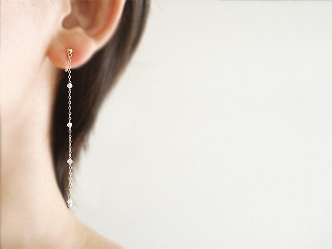 14KGF White Topaz and long chain, clip on earrings 夾式 - 耳环/耳夹 - 石头 透明