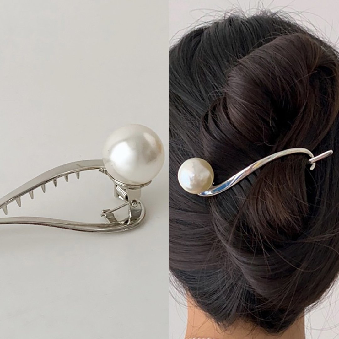CURVE METAL Big PEARL HAIR CLIP - 发饰 - 棉 银色