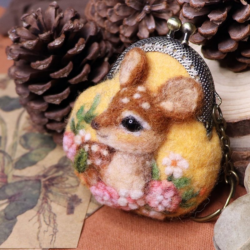 【羊毛毡】迷你口金包-小动物与花草系列-梅花鹿 - 零钱包 - 羊毛 咖啡色