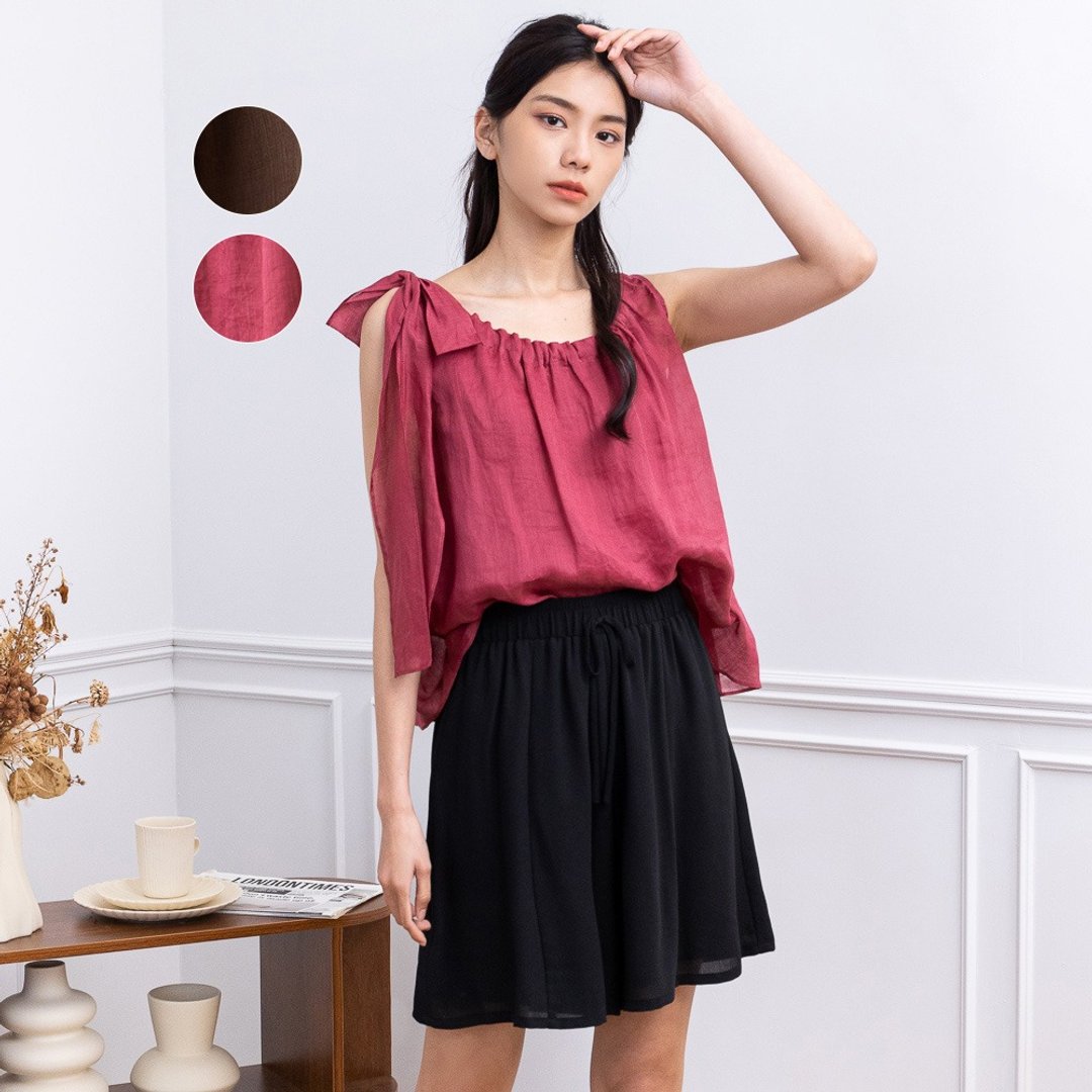 【MEDUSA】蝴蝶结绑肩亚麻上衣 - 2色(M-XL) | 休闲上衣 凉感上衣 - 女装上衣 - 亚麻 粉红色