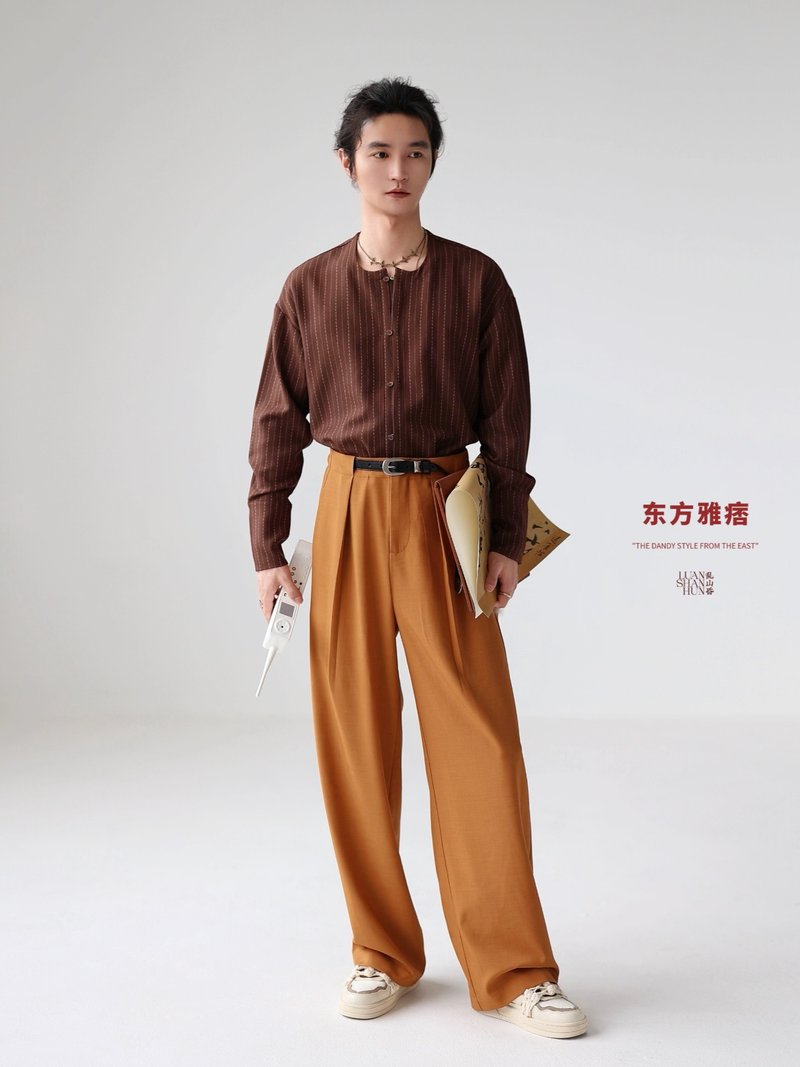 乱山昏 东方雅痞新中式国风原创咖色圆领条纹通勤长袖衬衫男百搭 - 男装衬衫 - 其他材质 