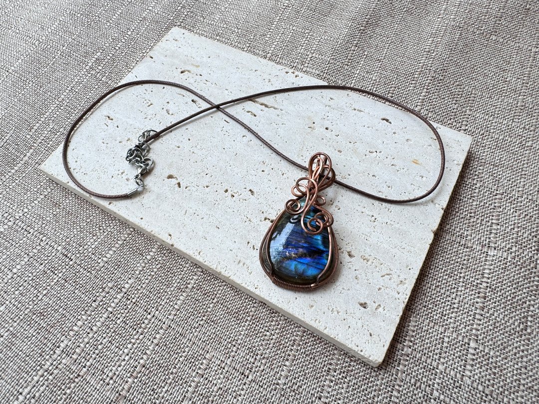 #230356 wire wrapping 拉长石 铜线 绕线 吊堕 - 项链 - 铜/黄铜 蓝色