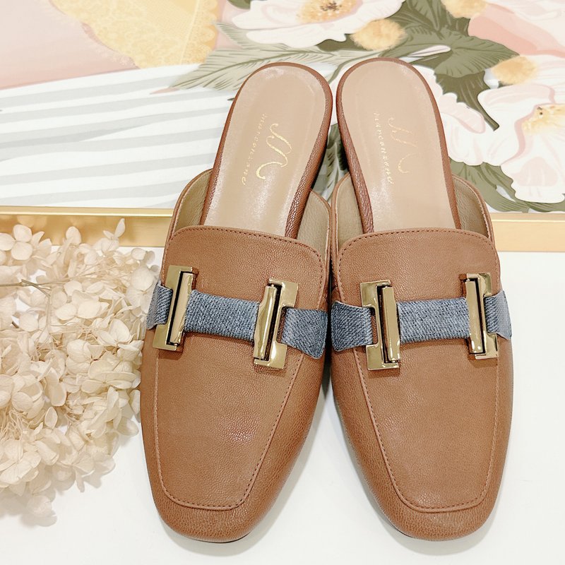 方头H撞色羊皮穆勒鞋-棕 - 男女凉鞋 - 真皮 