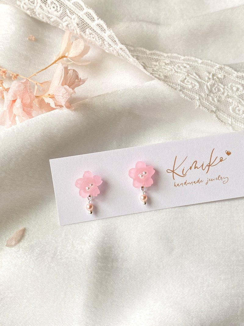 春季特辑-粉嫩樱花造型珍珠耳环 - 耳环/耳夹 - 不锈钢 粉红色