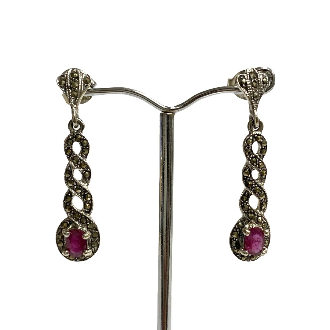 Art Deco Style Ruby, Marcasite Spiral Set Pendant &amp; Earrings 925 Sterling Silver - 耳环/耳夹 - 纯银 银色