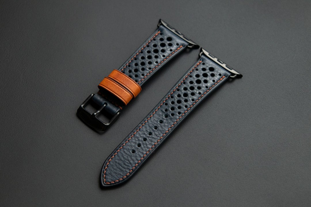 Racing 风格海军蓝 Minerva Box 皮革 Apple Watch 表带 (订制款) - 表带 - 真皮 蓝色