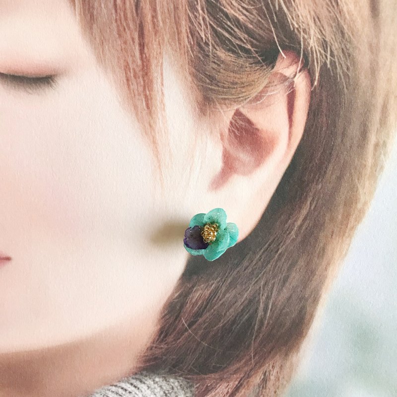 立体真花双色绣球花组合 18K包金耳针(可改耳夹式) - 耳环/耳夹 - 植物．花 绿色