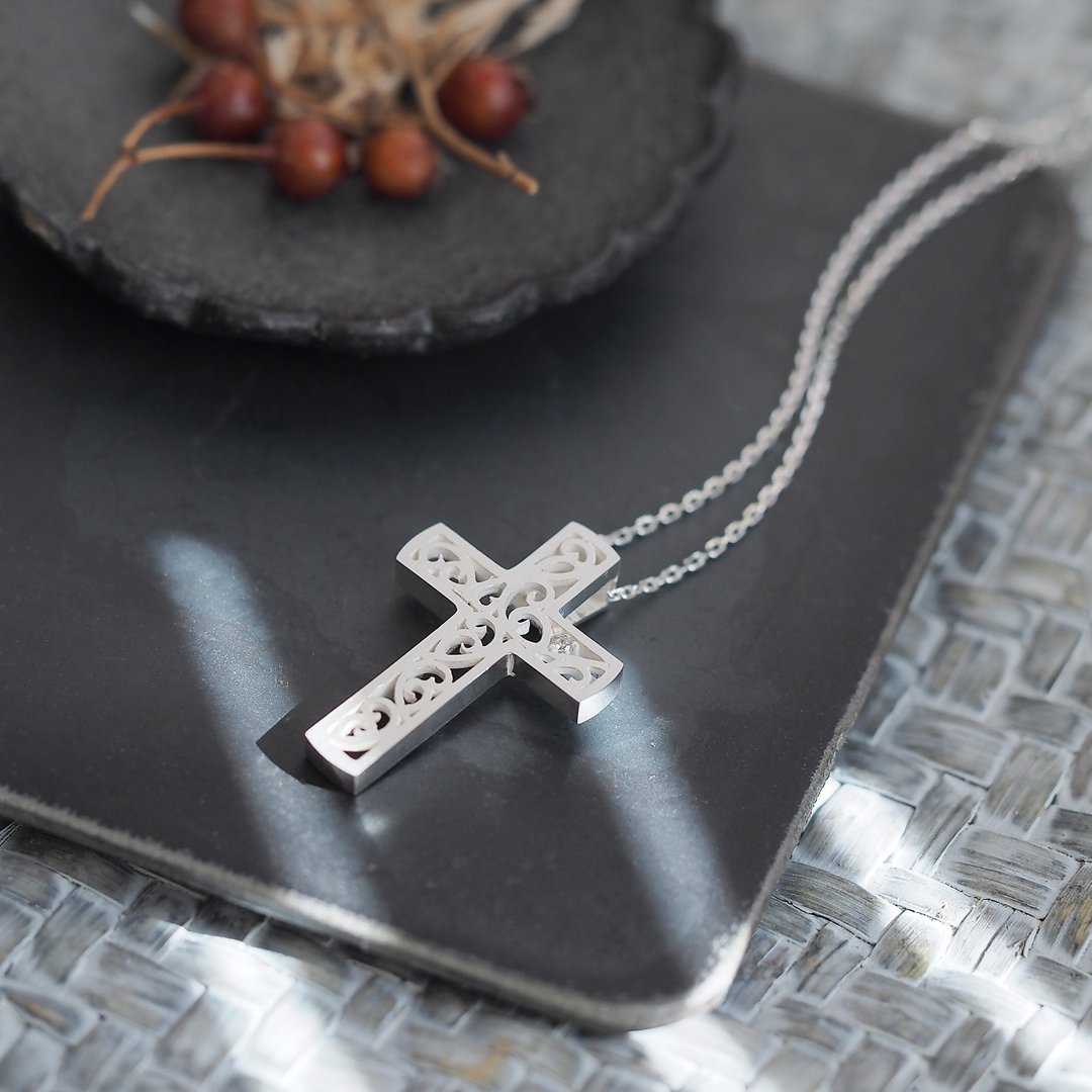 Arabesque Cross Long Necklace Silver 925 - 项链 - 其他金属 银色