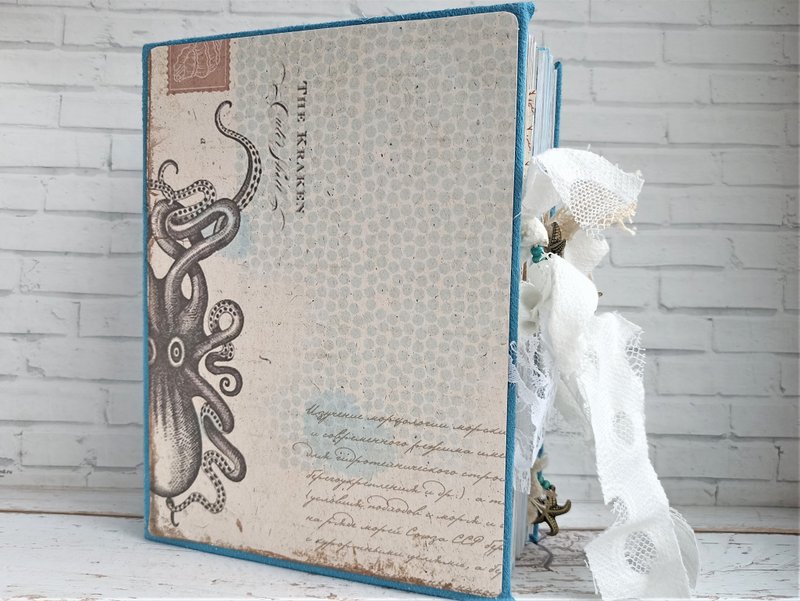 Octopus junk journal handmade huge Thick ocean lace junk book homemade notebook - 笔记本/手帐 - 纸 蓝色