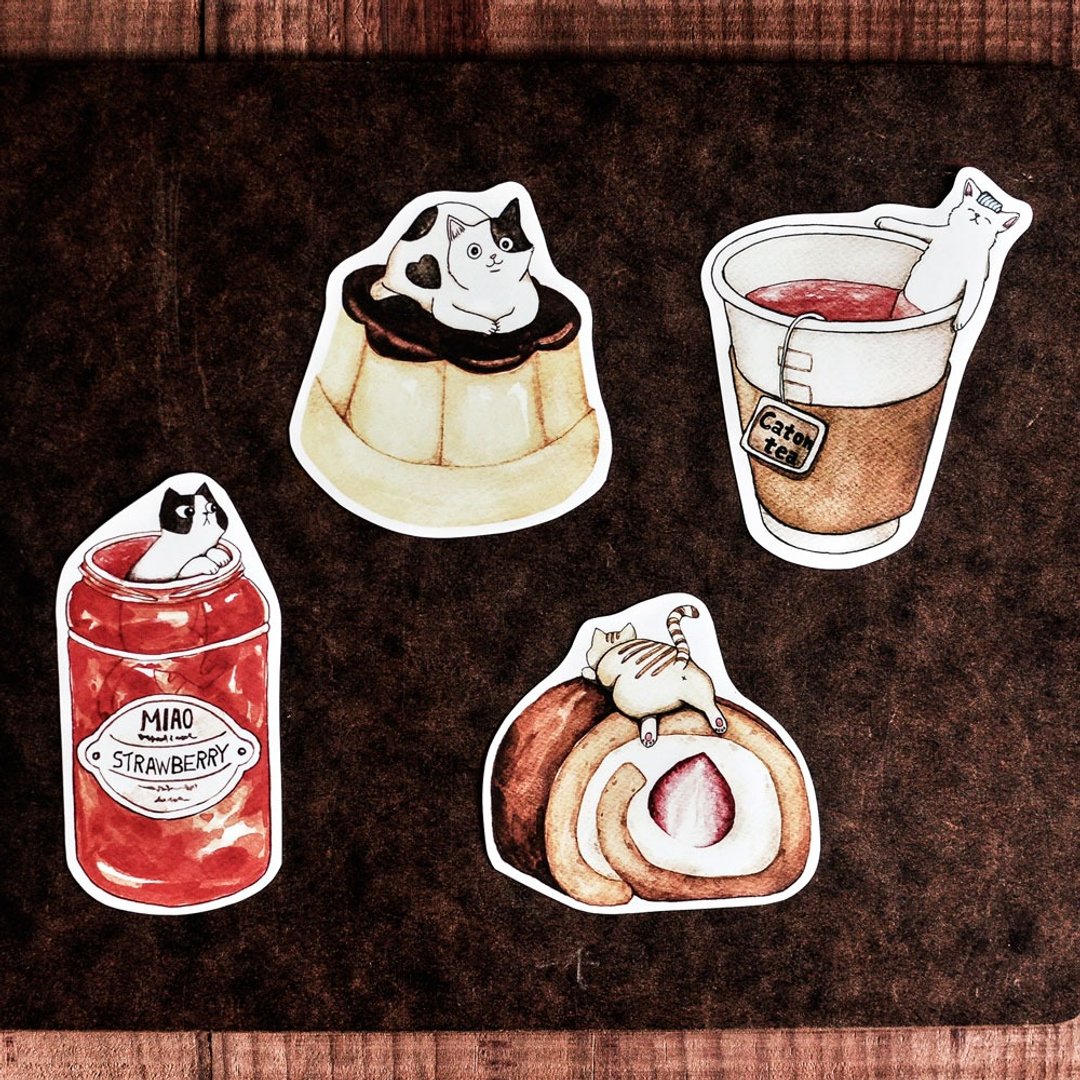 猫咪好食防水贴纸/草莓果酱/布丁/草莓蛋糕卷/红茶-Sticker - 贴纸 - 纸 多色