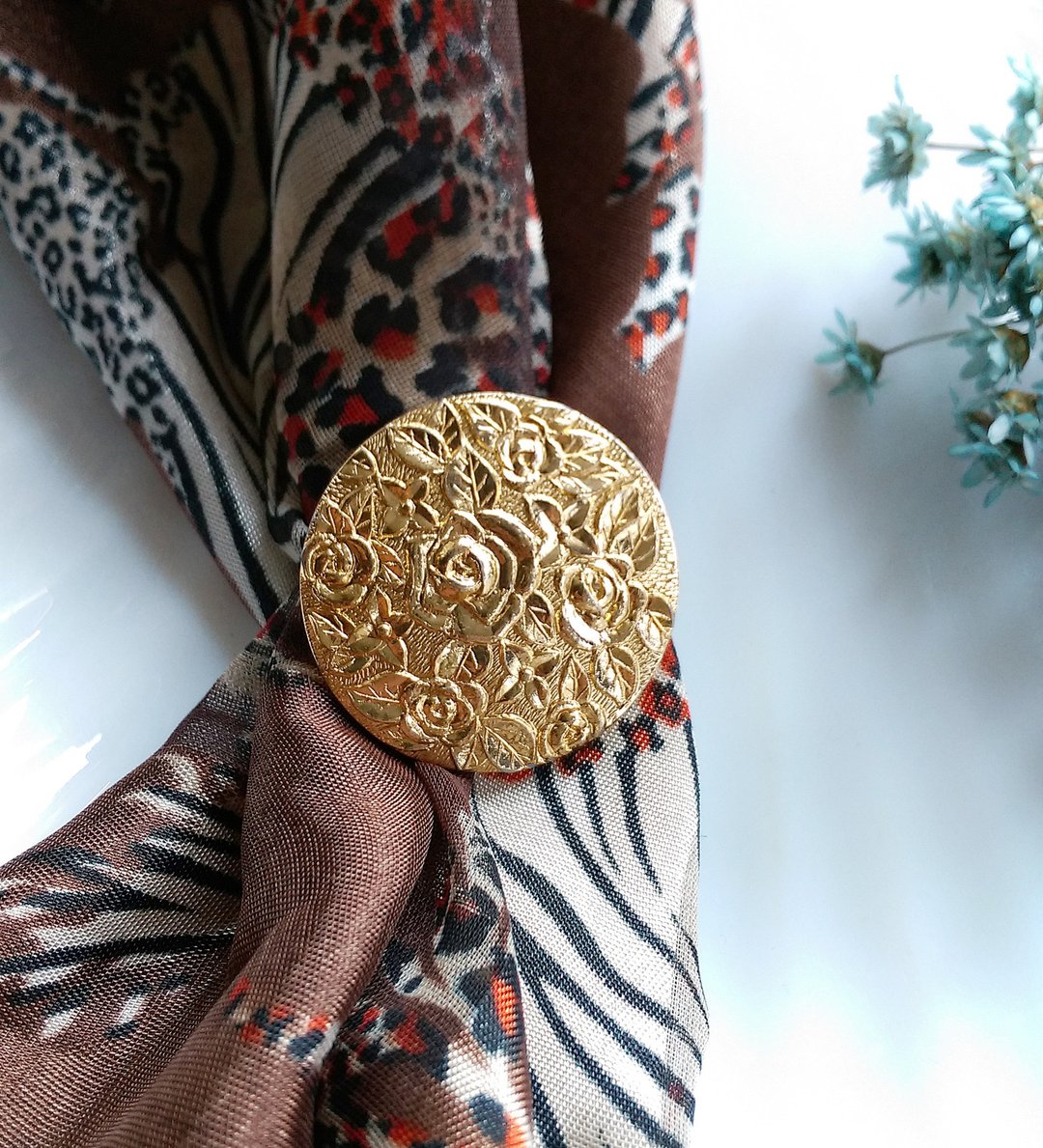【西洋古董饰品】金色调 玫瑰花卉 围巾夹 丝巾扣 丝巾夹 - 其他 - 其他金属 金色