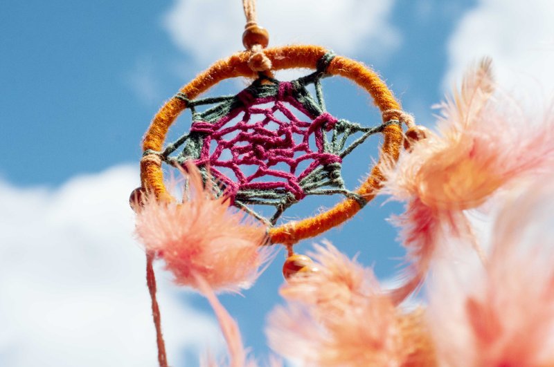 boho民族风 手工编织棉麻彩虹色捕梦网吊饰-橘色系+彩色木珠 (小) - 摆饰 - 棉．麻 橘色