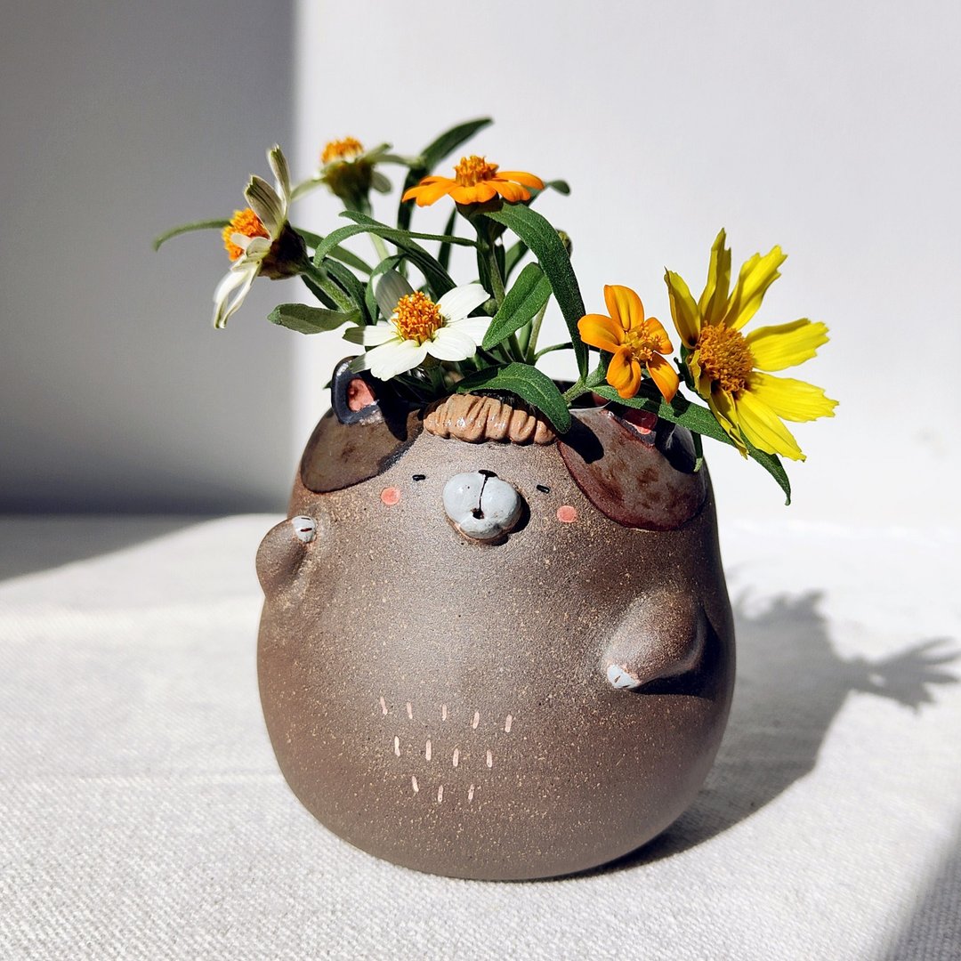 Kitty mini Flower Vase. Handmade cute animal home decor. - 花瓶/陶器 - 陶 