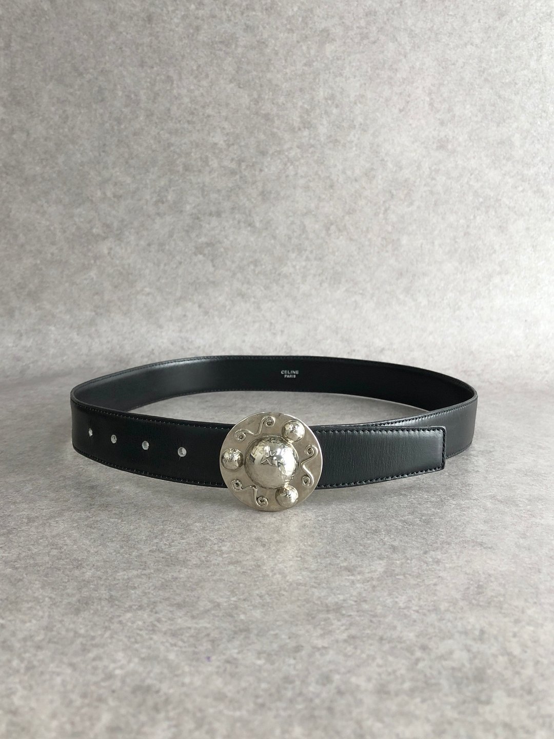 【日本直送 名牌中古包】CELINE 赛琳 圆珠 饰扣 皮带 黑色 银色 皮革 vintage 古着 old dbrkxv - 皮带/腰带 - 真皮 黑色