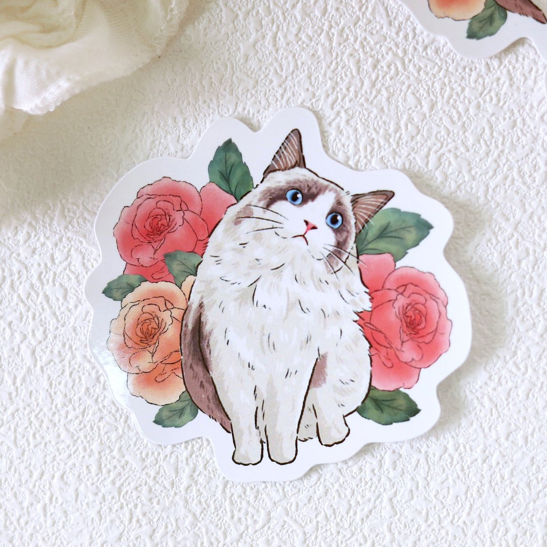 玫瑰花与布偶猫 防水贴纸 猫咪贴纸 手帐 素材 周边 插画 猫猫 - 贴纸 - 纸 白色