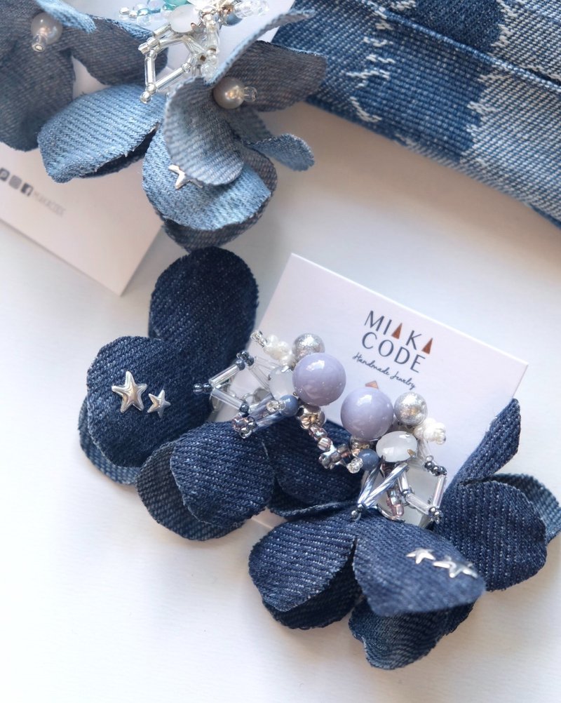 手工耳环 — Denim牛仔布系列3 耳环 深蓝色牛仔布烫花 - 耳环/耳夹 - 其他材质 蓝色