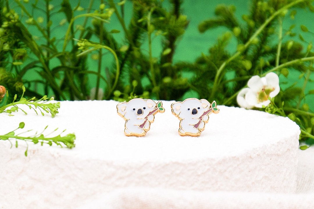 无尾熊 Koala 树熊 山系可爱动物 夹式耳环 生日礼物 纸盒包装 - 耳环/耳夹 - 珐琅 灰色