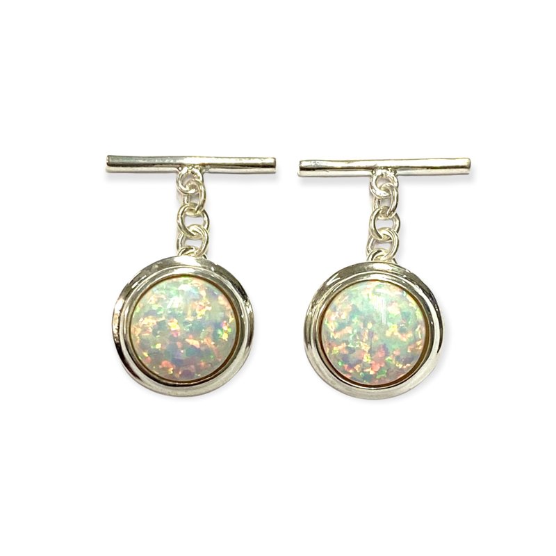 Round White Gilson Opal Wedding Cufflinks For Groom 925 Sterling Silver - 袖扣 - 纯银 白色