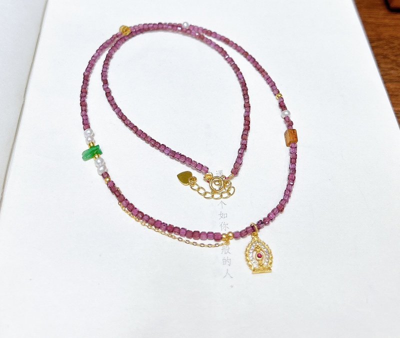 天然原矿紫牙乌石榴石 辣绿翡翠珍珠设计项链多圈手串手持s - 手链/手环 - 水晶 红色